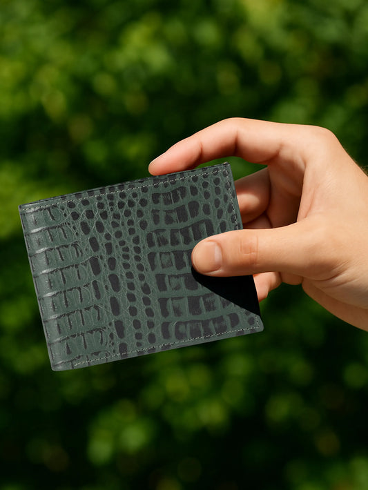 IN.HIDE Classic Croco Olive Real Leather Bi-Fold Wallet with 11 Card Holders for Men