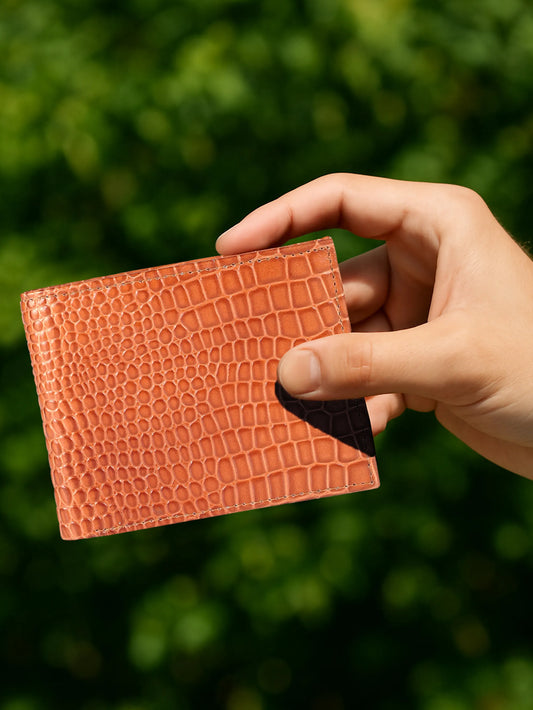 IN.HIDE Classic Tan Croco Texture Real Leather Bi-Fold Wallet with 10 Card Holders for Men