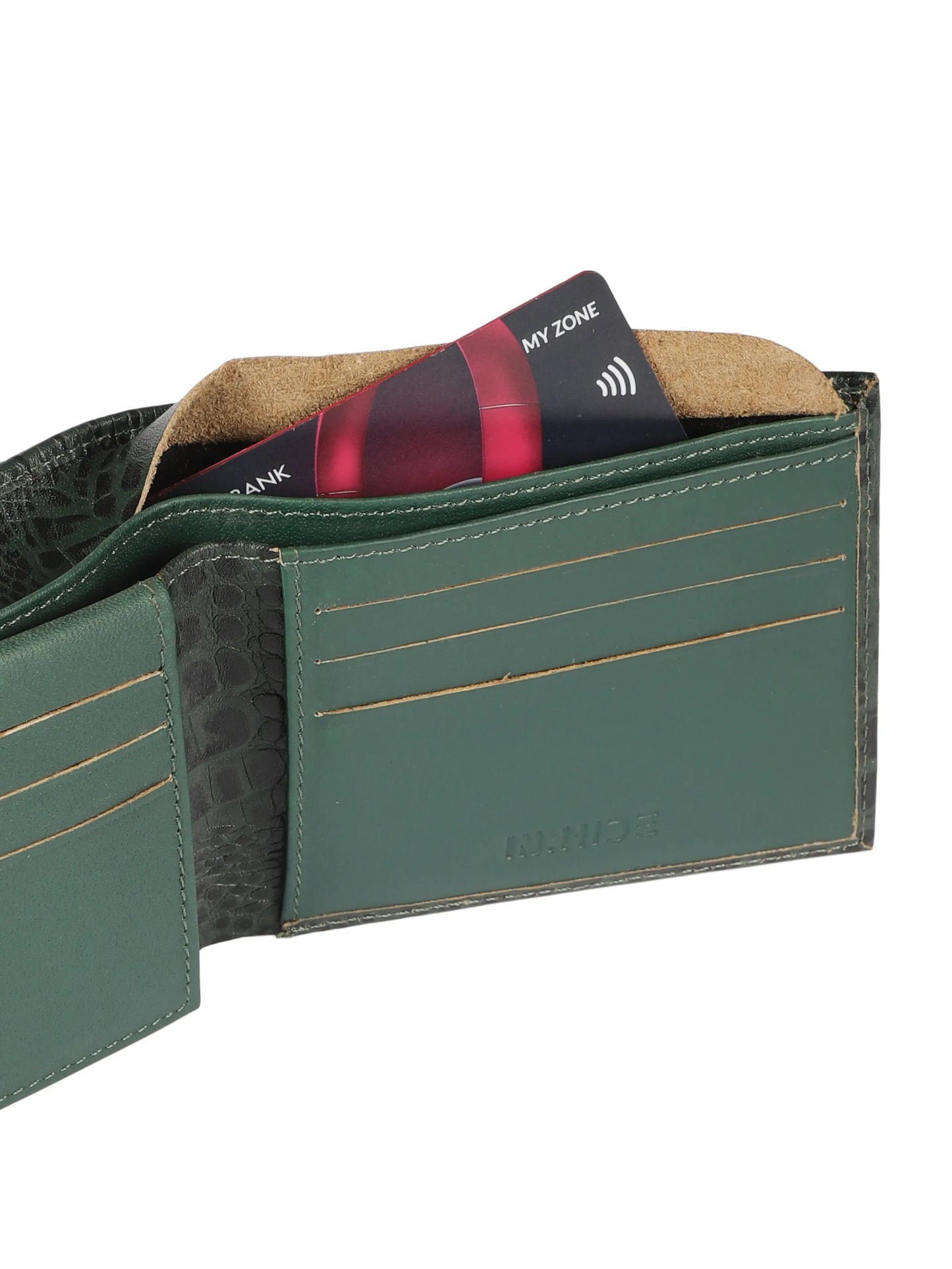 IN.HIDE Classic Croco Olive Real Leather Bi-Fold Wallet with 11 Card Holders for Men