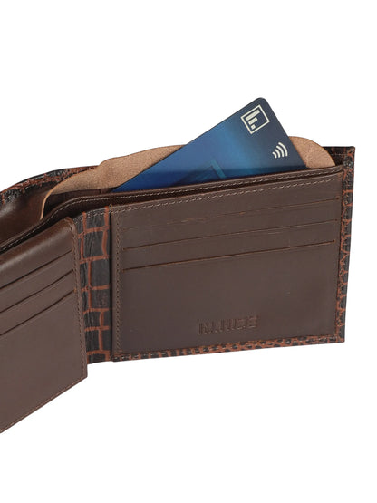 IN.HIDE Classic Croco Dark Brown  Real Leather Bi-Fold Wallet with 11 Card Holders for Men