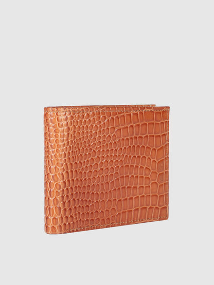 IN.HIDE Classic Tan Croco Texture Real Leather Bi-Fold Wallet with 10 Card Holders for Men