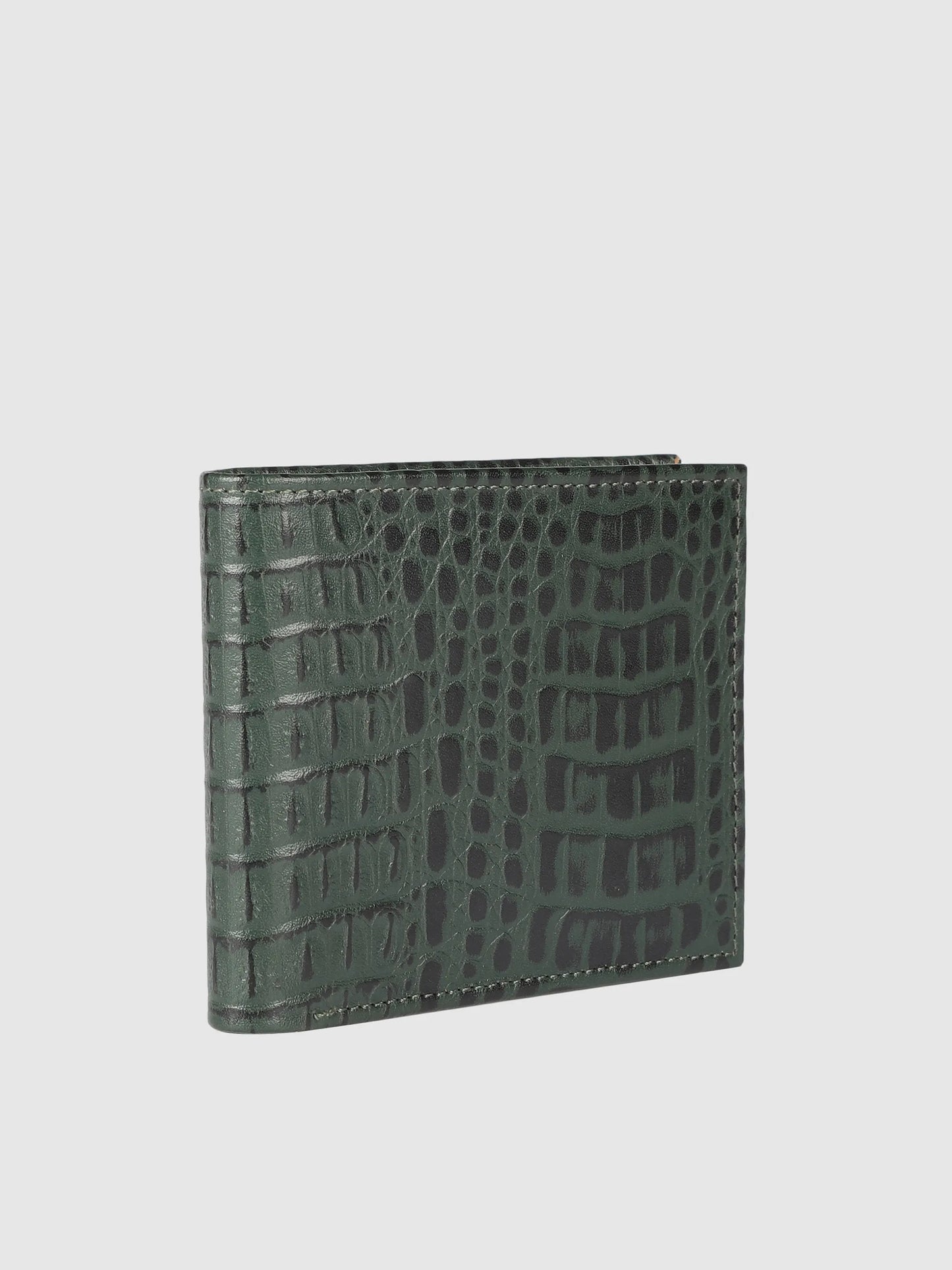 IN.HIDE Classic Croco Olive Real Leather Bi-Fold Wallet with 11 Card Holders for Men