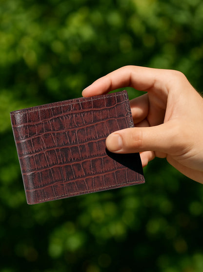 IN.HIDE Classic Maroon Croco Texture Real Leather Bi-Fold Wallet with 10 Card Holders for Men