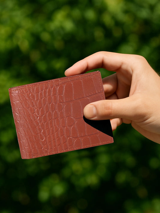 IN.HIDE Classic Croco Dual Cognac & Tan Real Leather Bi-Fold Wallet with 11 Card Holders for Men