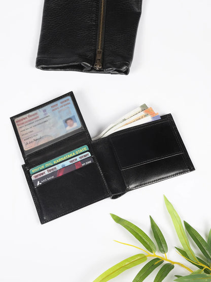 IN.HIDE Black Soft Matte Finish Real Leather Wallet for Men - 6 card slots with coin Pocket