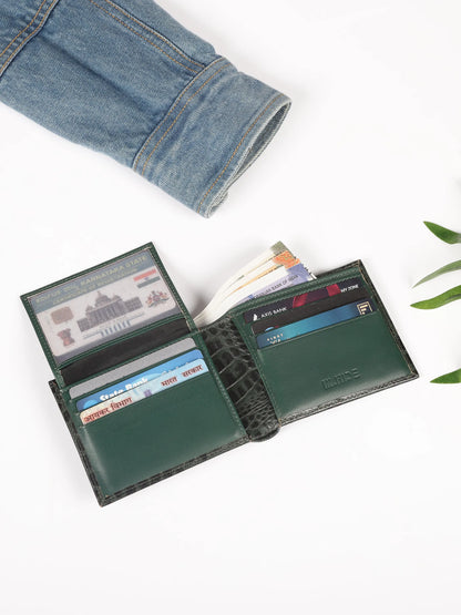 IN.HIDE Classic Croco Olive Real Leather Bi-Fold Wallet with 11 Card Holders for Men