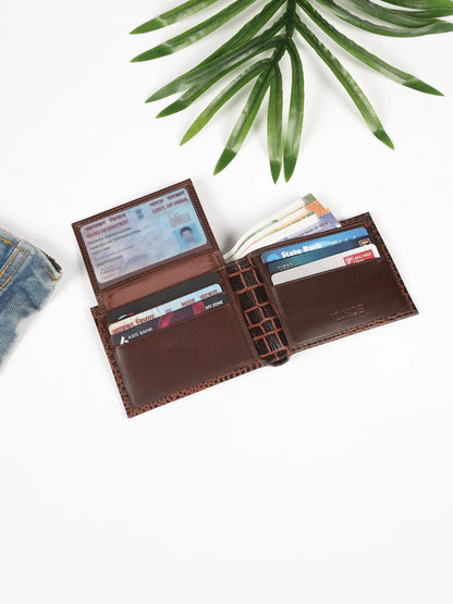IN.HIDE Classic Croco Dark Brown  Real Leather Bi-Fold Wallet with 11 Card Holders for Men