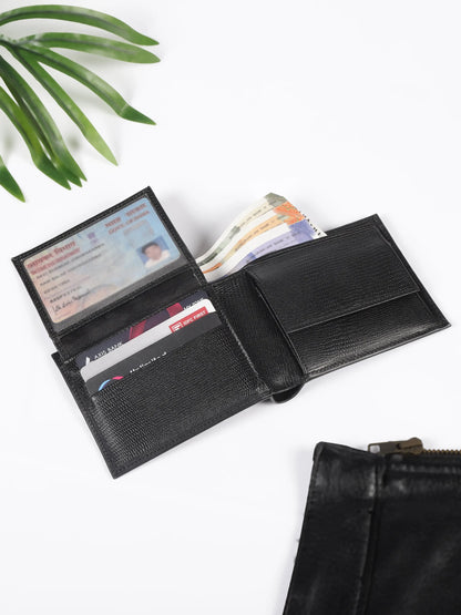 IN.HIDE Black Soft Matte Finish Real Leather Wallet for Men - 6 card slots with coin Pocket