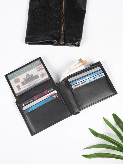 IN.HIDE Black Soft Shiny Leather Wallet for Men – 10 Card Slots, Hidden Pocket, Premium Quality