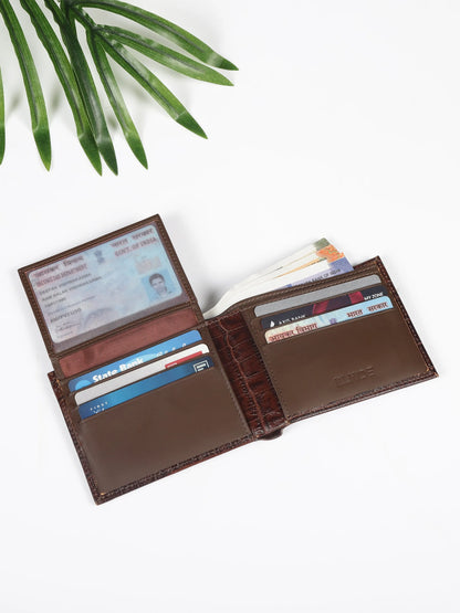 IN.HIDE Classic Maroon Croco Texture Real Leather Bi-Fold Wallet with 10 Card Holders for Men
