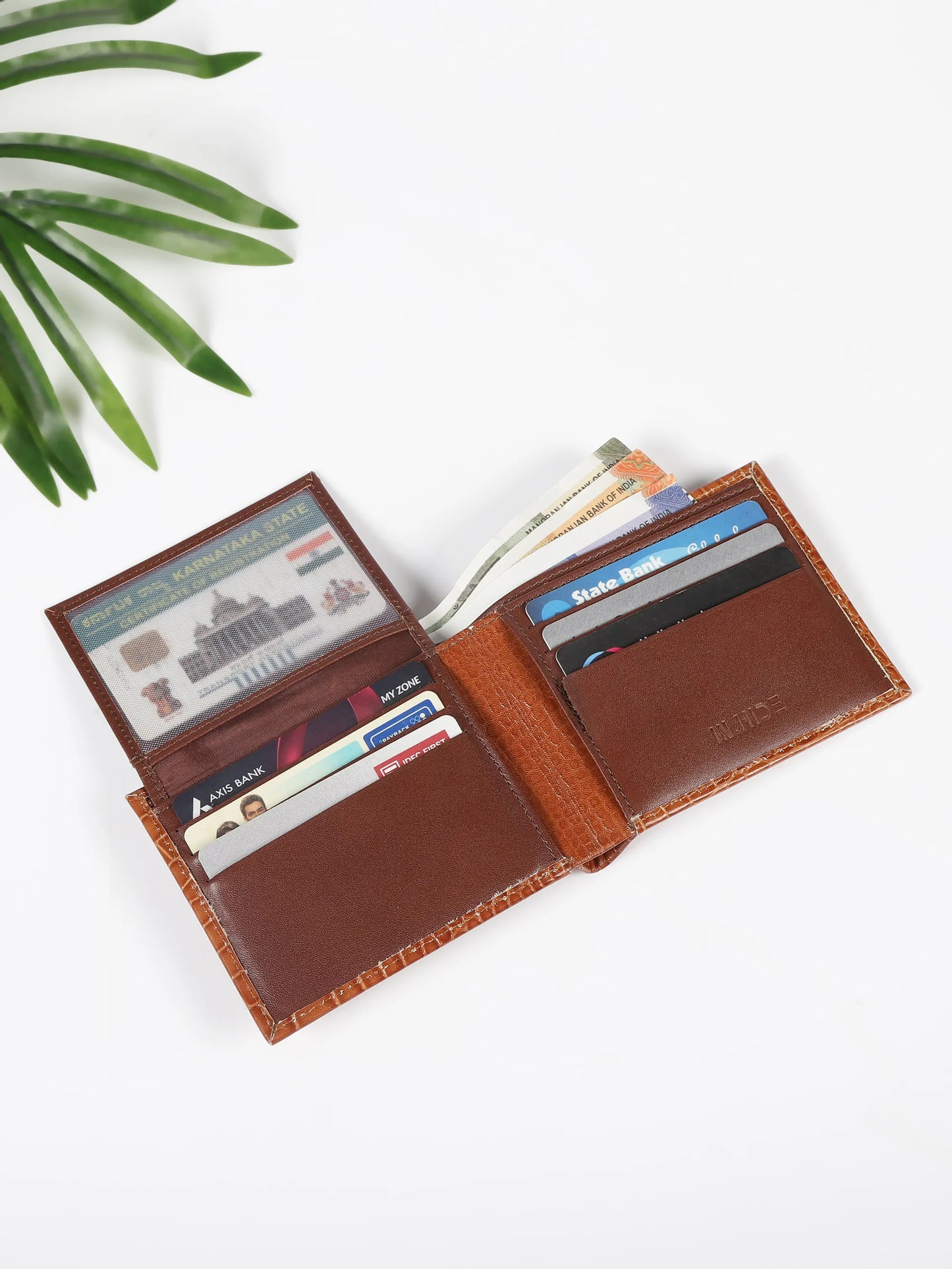 IN.HIDE Classic Tan Croco Texture Real Leather Bi-Fold Wallet with 10 Card Holders for Men